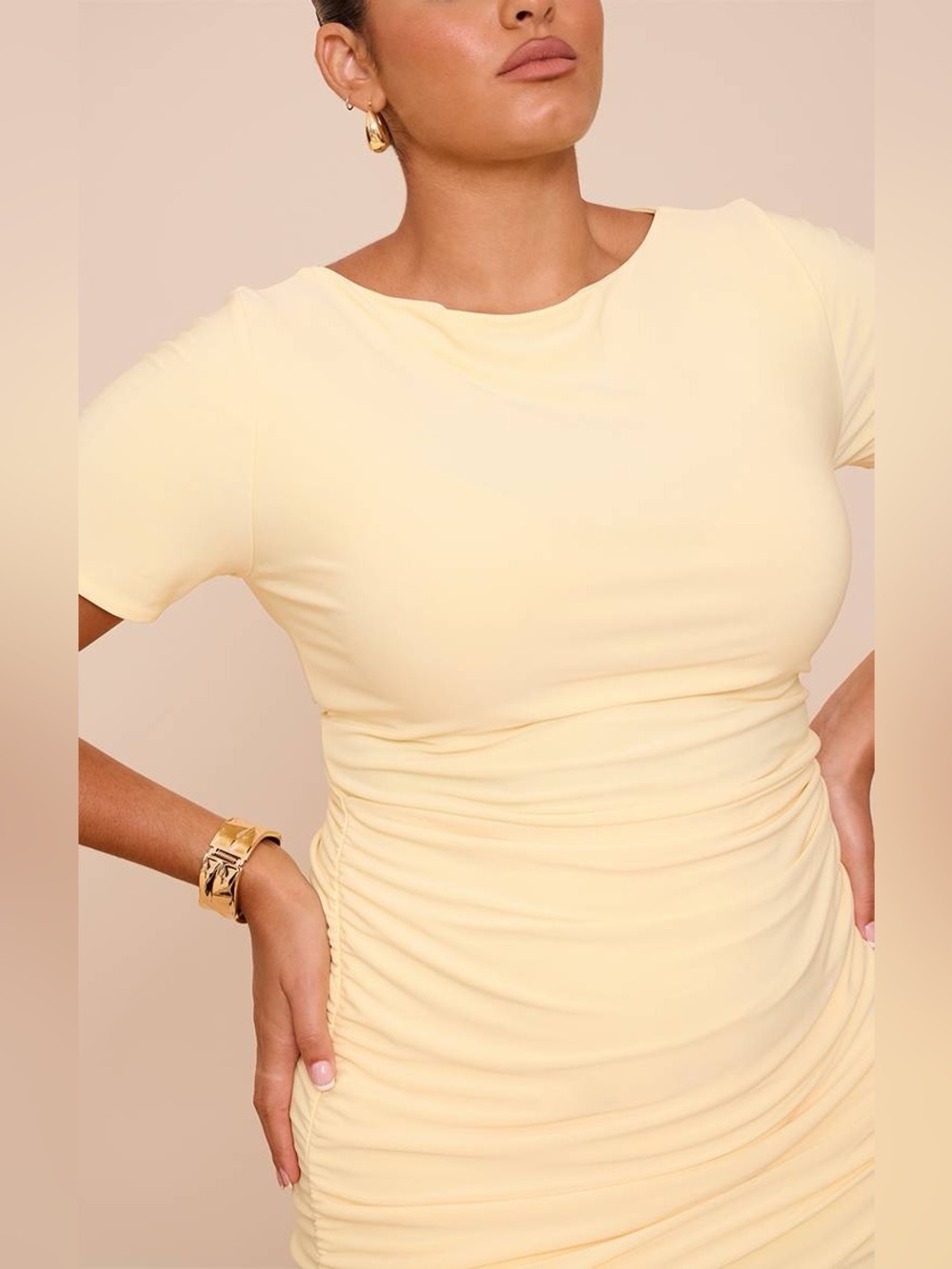 PrettyLittleThing Yellow Ruched Mini Dress - Picture 2 of 7